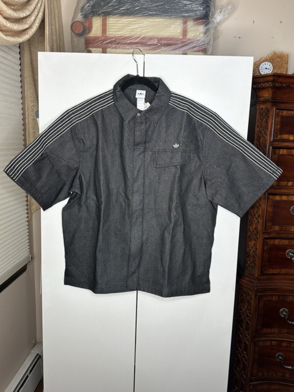 Adidas Premium Essentials Denim Shirt Short Sleeve Womens Sz Large NEW JV7774 - Picture 2 of 5
